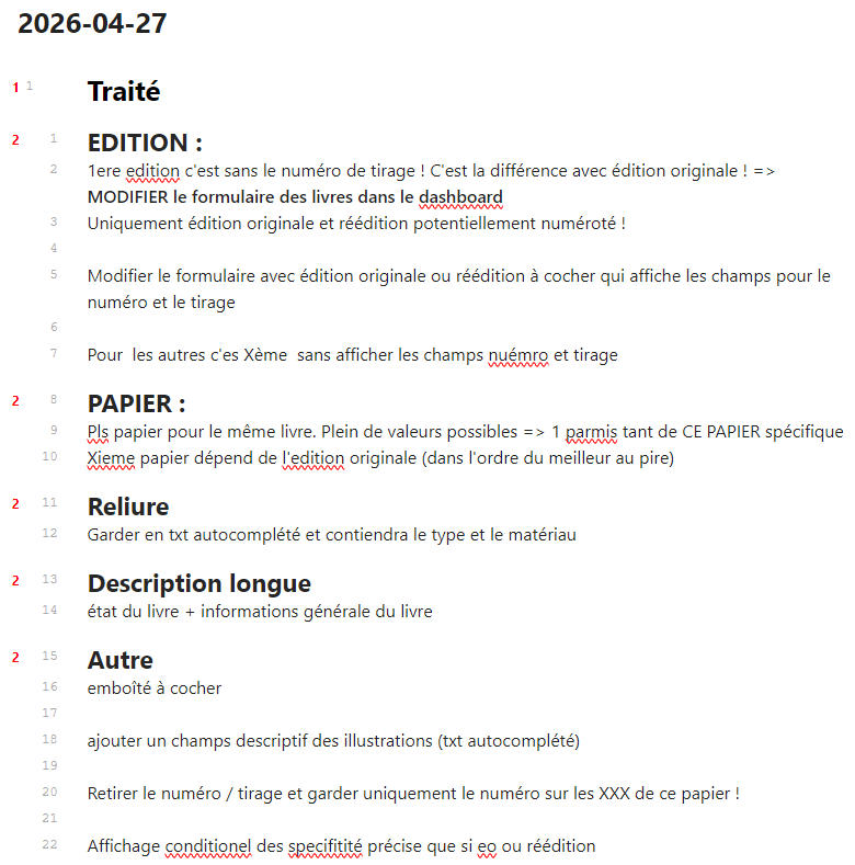 Note de feedback du 2026-04-27 : règles du livre rare transmises par le gérant (édition originale vs 1ère édition, types de papier, reliure, emboîté).
