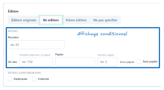 Section Édition, type « Ré-édition » : le numéro et les informations de papier (total, type, rang) apparaissent.